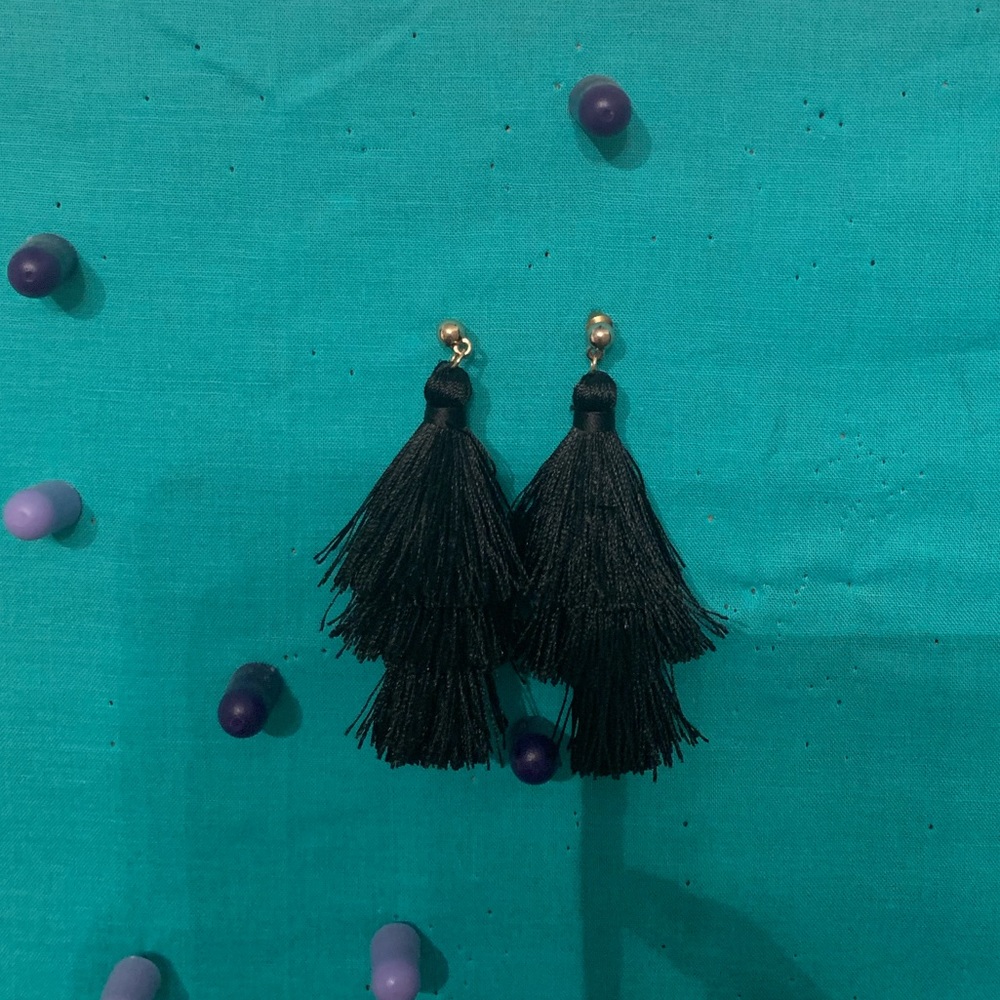 Black tassel earrings with gold post